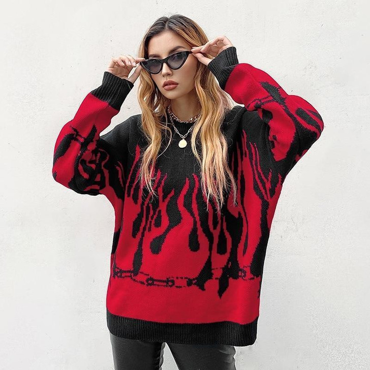 HARAJUKU FIRE STYLE KNITTED SWEATER-Cosmique Studio-aesthetic-clothing-store
