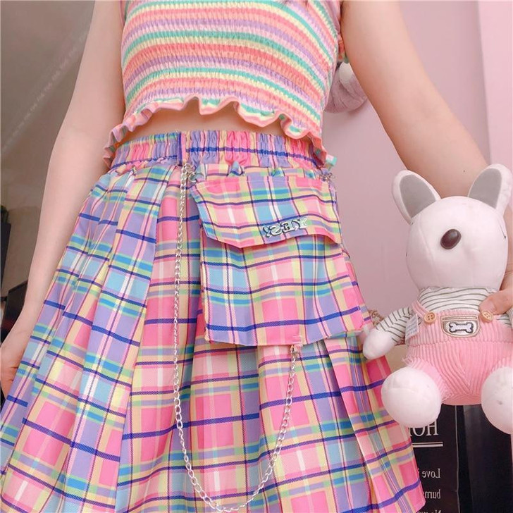 HARAJUKU KAWAII RAINBOW PLAID MINI SKIRT-Cosmique Studio-aesthetic-clothing-store