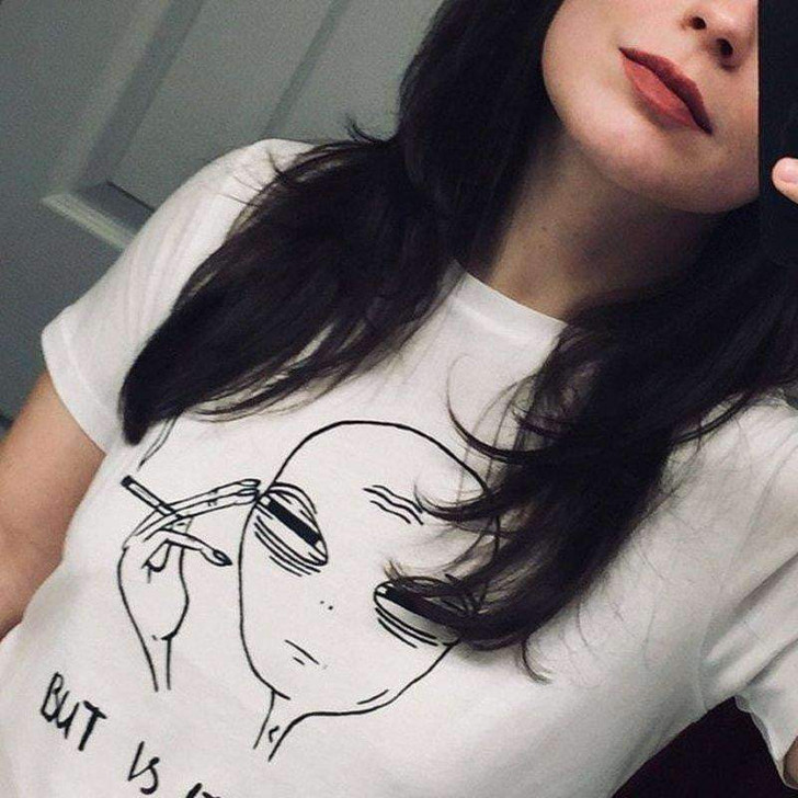 but is it art white tee with a drawing of an alien smoking but is it art white tee with a drawing of an alien smoking