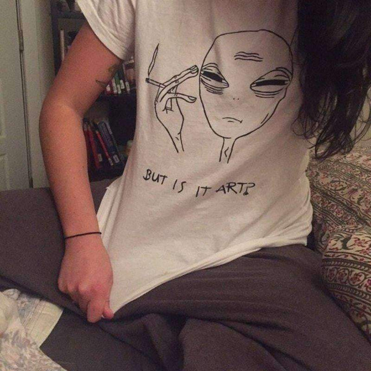 but is it art white tee with a drawing of an alien smoking but is it art white tee with a drawing of an alien smoking