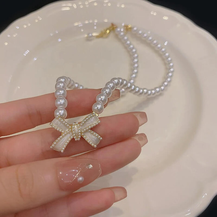 ワンピース Pearl ribbon chain quilting gilet Coquette Pearl Ribbon Necklace - Cosmique Studio