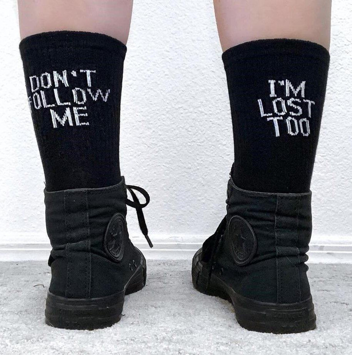 don't follow me i'm lost too socks in black don't follow me i'm lost too socks in black