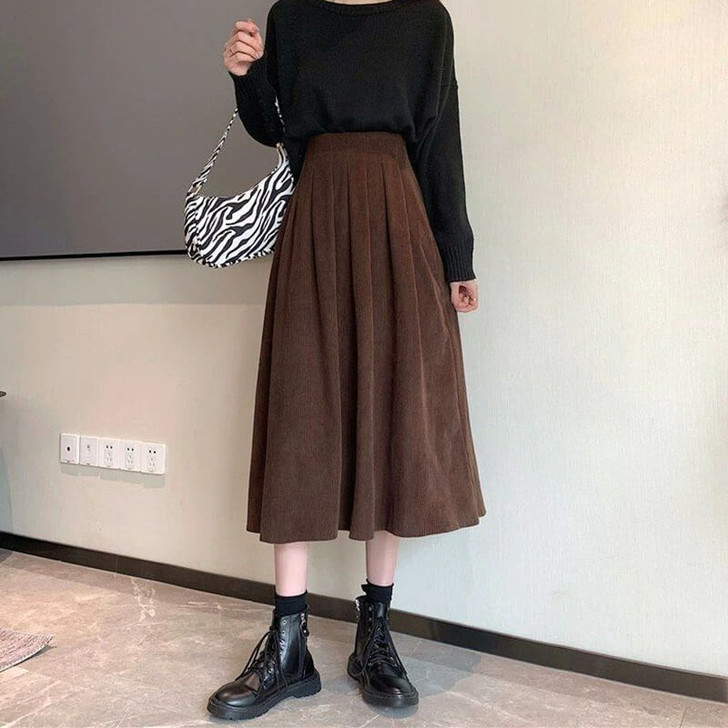 Dark Academia Corduroy Midi Skirt - Cosmique Studio