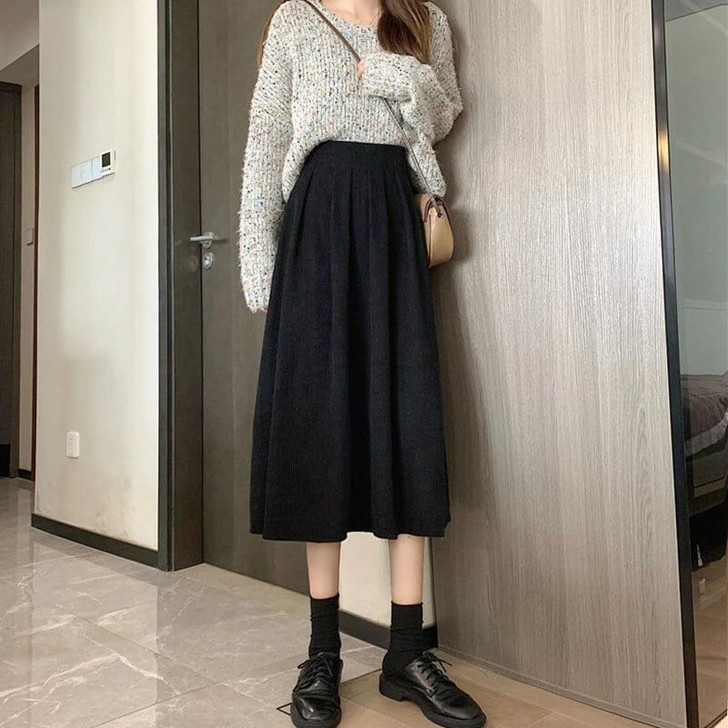 Women's High Waisted Corduroy Midi Skirt - A-Line Flared With Pockets, Elastic Waist - View #9