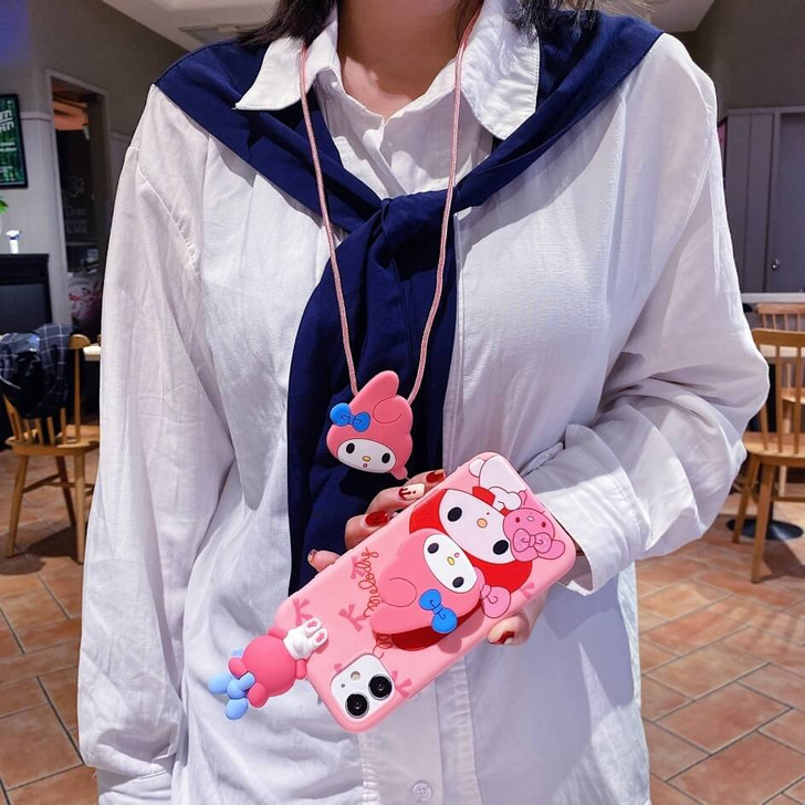 Sanrio aesthetic character my melody and hello kitty phone case with bracket and holder strap rope