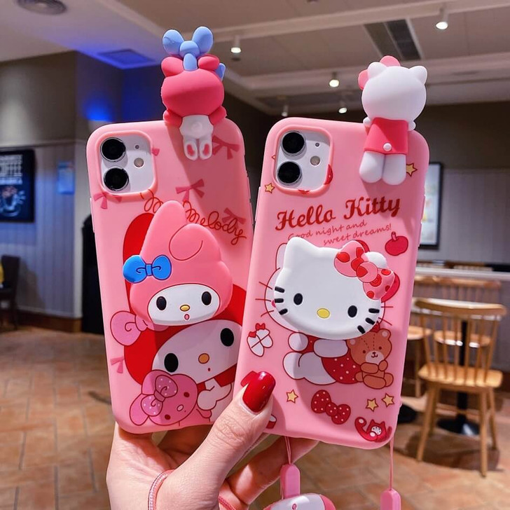 Sanrio aesthetic character my melody and hello kitty phone case with bracket and holder strap rope