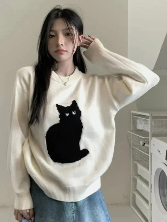 Cat Embroidered Knitted Sweater