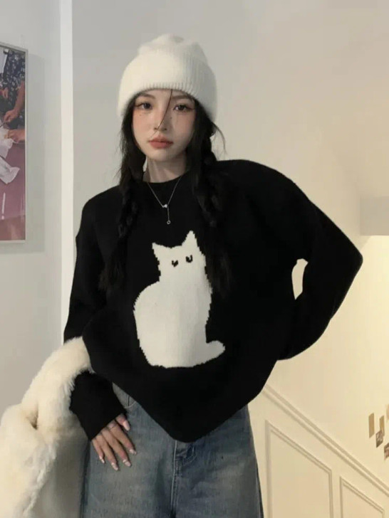 Cat Embroidered Knitted Sweater Cat Embroidered Knitted Sweater