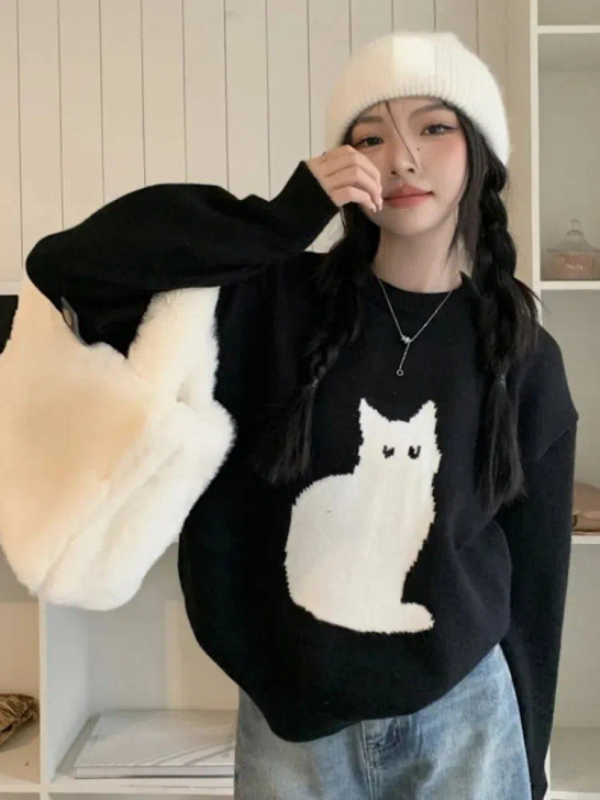 Cat Embroidered Knitted Sweater Cat Embroidered Knitted Sweater