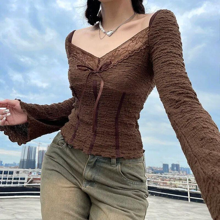 トップス faerie fa.er.ie lace V neck shirring top fairy-grunge-lace-shirred-