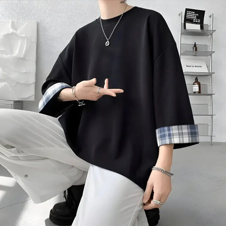 Soft Boy Plaid Sleeve Oversize Tee Soft Boy Plaid Sleeve Oversize Tee