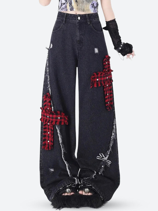 Grunge Plaid Cross Patch Baggy Jeans Grunge Plaid Cross Patch Baggy Jeans