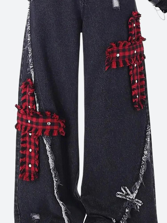 Grunge Plaid Cross Patch Baggy Jeans Grunge Plaid Cross Patch Baggy Jeans