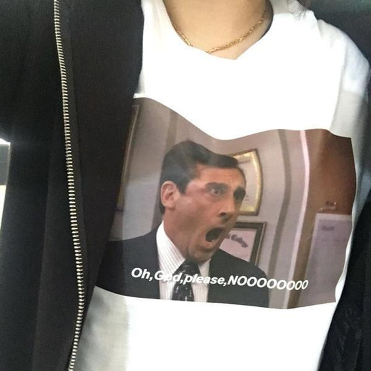 oh god! please no white tee with the photo of  michael scott from  the office oh god! please no white tee with the photo of  michael scott from  the office