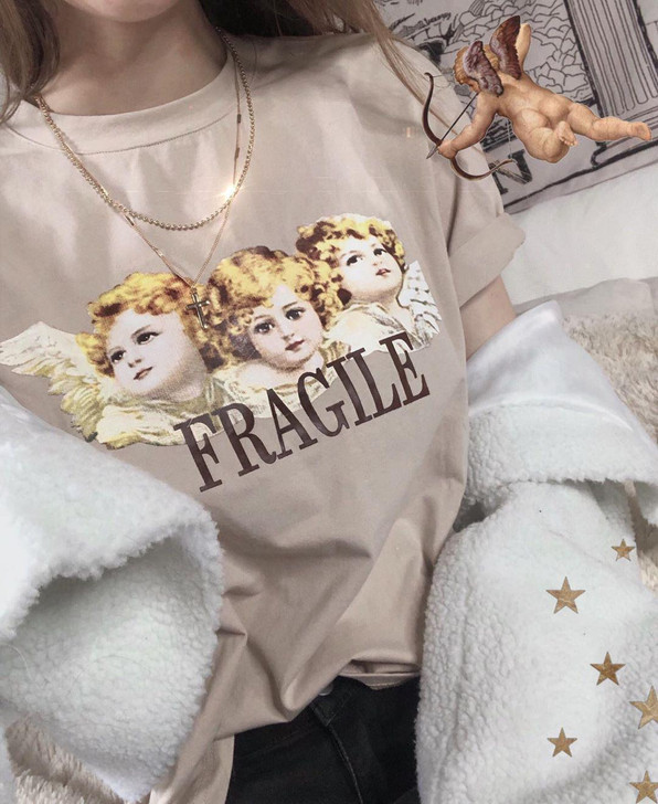 fragile tee in khaki with the picture of three baby angels