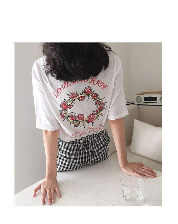 love and hate white tee with a drawing of wired rose crown love and hate white tee with a drawing of wired rose crown