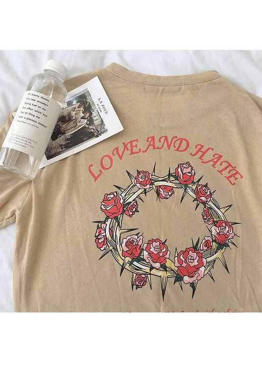 love and hate khaki tee with a drawing of wired rose crown love and hate khaki tee with a drawing of wired rose crown