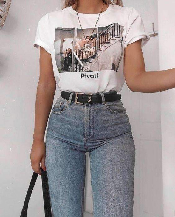 friends pivot white tee with a photo of a scene of the friends series