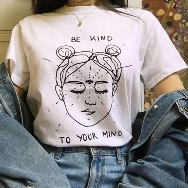 be kind to your mind white tee with a drawing of a girl thinking