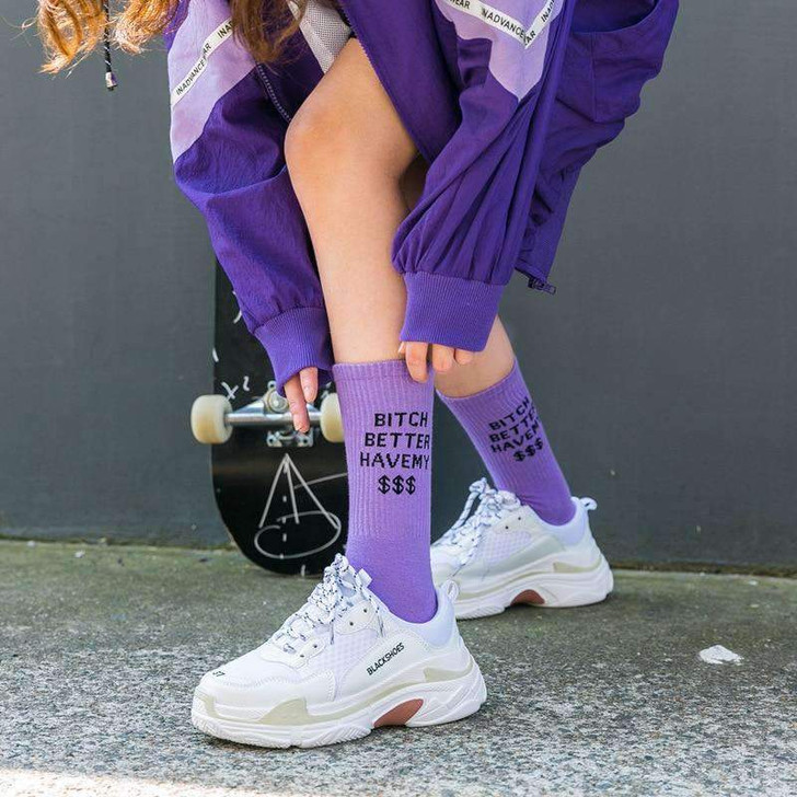 b*tch better have my money socks in purple b*tch better have my money socks in purple