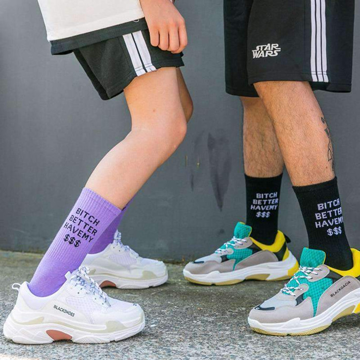 b*tch better have my money socks in black and purple b*tch better have my money socks in black and purple