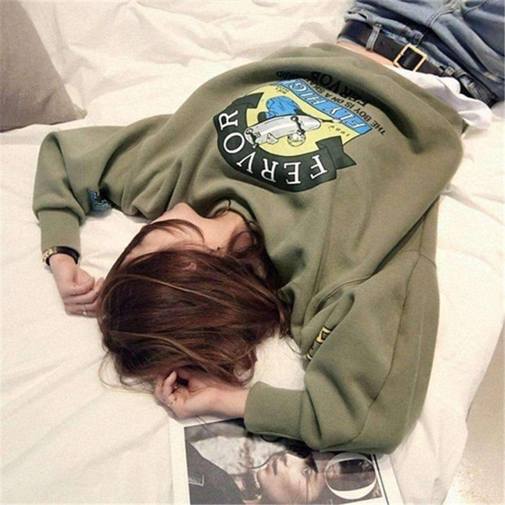 fervor-fly high-the boy is on a skateboard sweatshirt in army green fervor-fly high-the boy is on a skateboard sweatshirt in army green