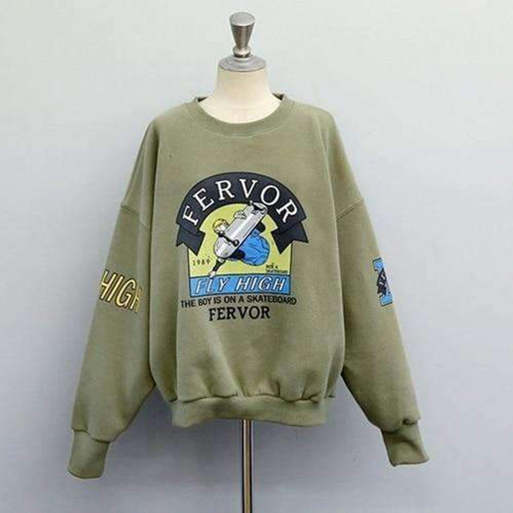fervor-fly high-the boy is on a skateboard sweatshirt in army green fervor-fly high-the boy is on a skateboard sweatshirt in army green