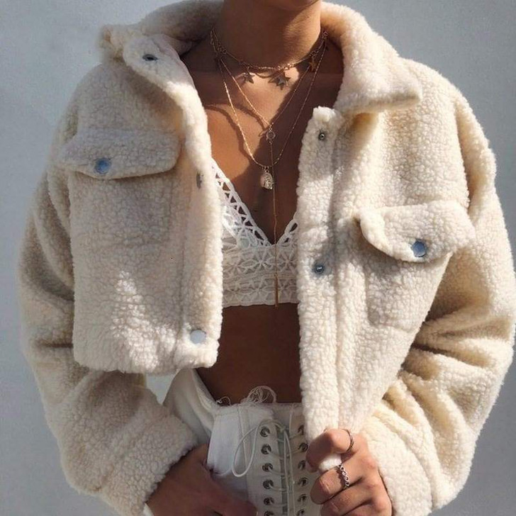 elegant solid color cropped teddy jacket in beige