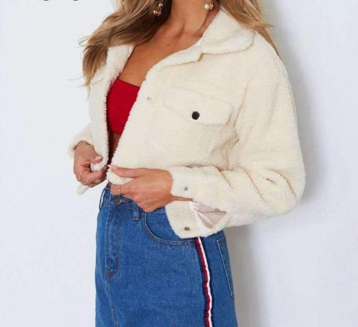 elegant solid color cropped teddy jacket in beige elegant solid color cropped teddy jacket in beige