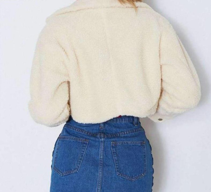elegant solid color cropped teddy jacket in beige elegant solid color cropped teddy jacket in beige