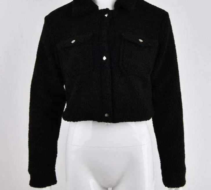elegant solid color cropped teddy jacket in black elegant solid color cropped teddy jacket in black