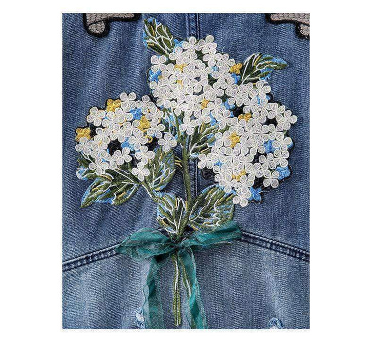 fairycore flower denim jacket with green ribbons and the quote of no love lost