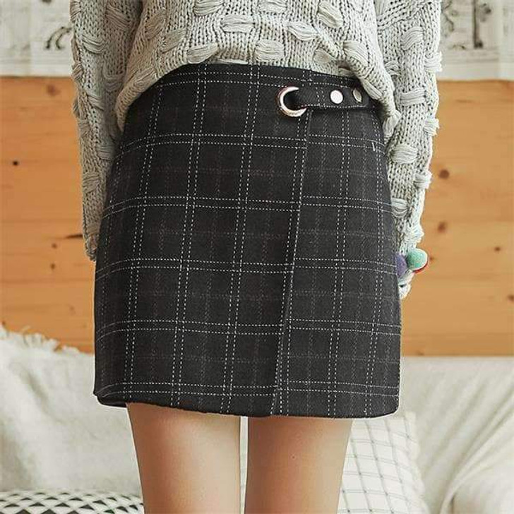 ULZZANG PLAID WOOLEN SKIRT-Cosmique Studio ULZZANG PLAID WOOLEN SKIRT-Cosmique Studio