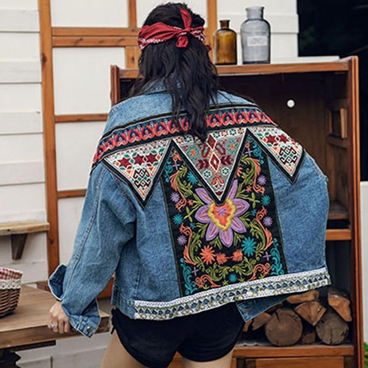 BOHO FLORAL APPLIQUES VINTAGE DENIM JACKET-Cosmique Studio