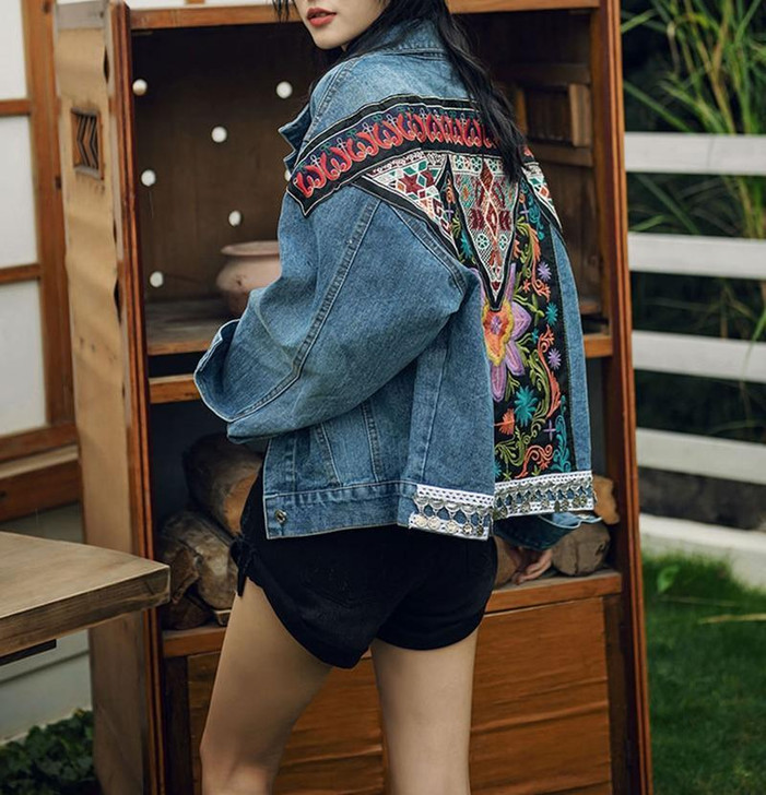 BOHO FLORAL APPLIQUES VINTAGE DENIM JACKET-Cosmique Studio