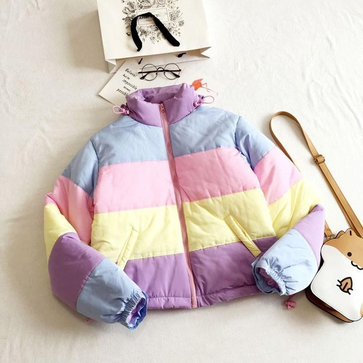 RAINBOW PASTEL FLUFFY PADDED WARM JACKET-Cosmique Studio RAINBOW PASTEL FLUFFY PADDED WARM JACKET-Cosmique Studio