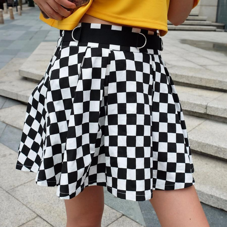 PLEATED CHECKERBOARD HIGH WAIST MINI SKIRT-Cosmique Studio PLEATED CHECKERBOARD HIGH WAIST MINI SKIRT-Cosmique Studio