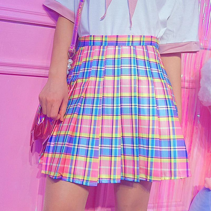 PLAID PLEATED HIGH WAIST CASUAL RAINBOW MIDI SKIRT-Cosmique Studio