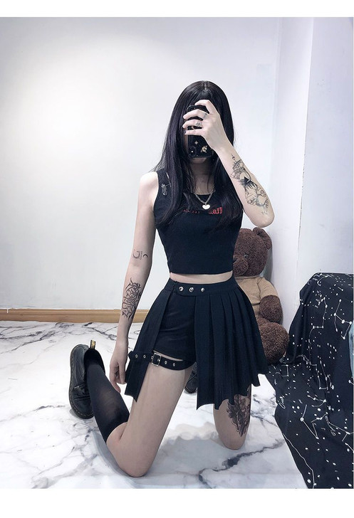 SEXY GOTHIC HIGH WAIST PLEATED MINI SKIRT WITH SHORT-Cosmique Studio SEXY GOTHIC HIGH WAIST PLEATED MINI SKIRT WITH SHORT-Cosmique Studio