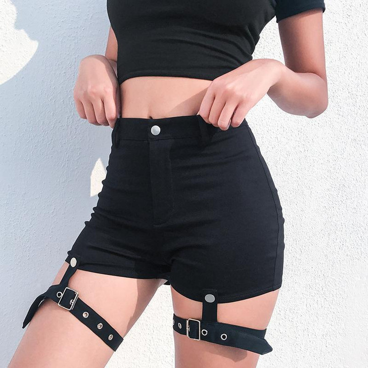 BLACK PUNK HIGH WAIST DETACHABLE BELT SHORT-Cosmique Studio