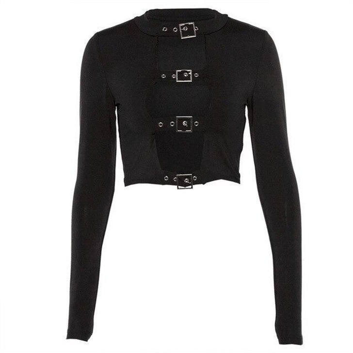 GOTHIC SEXY STRAP BUCKLE CROP TEE-Cosmique Studio GOTHIC SEXY STRAP BUCKLE CROP TEE-Cosmique Studio