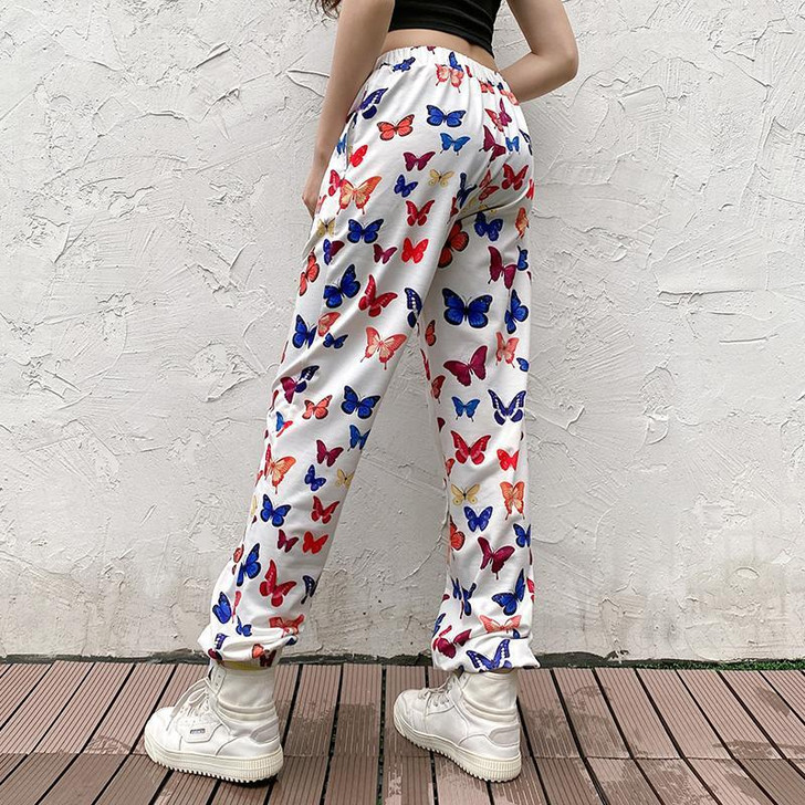 AESTHETIC STYLE BUTTERFLY PRINTED ELASTIC HIGH WAIST PANTS-Cosmique Studio AESTHETIC STYLE BUTTERFLY PRINTED ELASTIC HIGH WAIST PANTS-Cosmique Studio