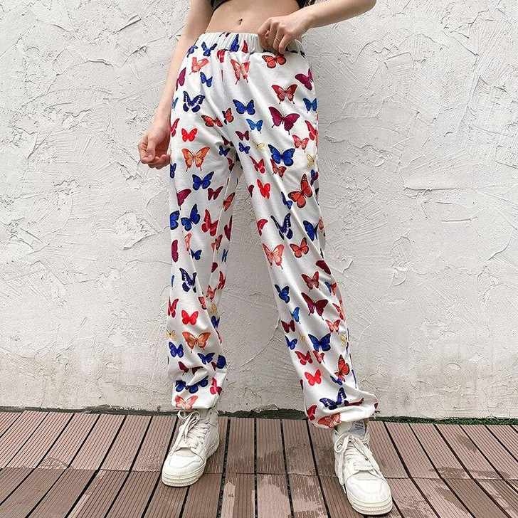 AESTHETIC STYLE BUTTERFLY PRINTED ELASTIC HIGH WAIST PANTS-Cosmique Studio AESTHETIC STYLE BUTTERFLY PRINTED ELASTIC HIGH WAIST PANTS-Cosmique Studio