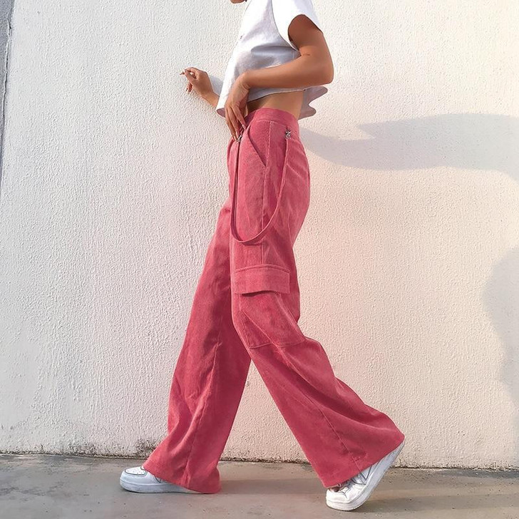 STYLISH CORDUROY PINK BAGGY HIGH WAIST PANTS-Cosmique Studio STYLISH CORDUROY PINK BAGGY HIGH WAIST PANTS-Cosmique Studio