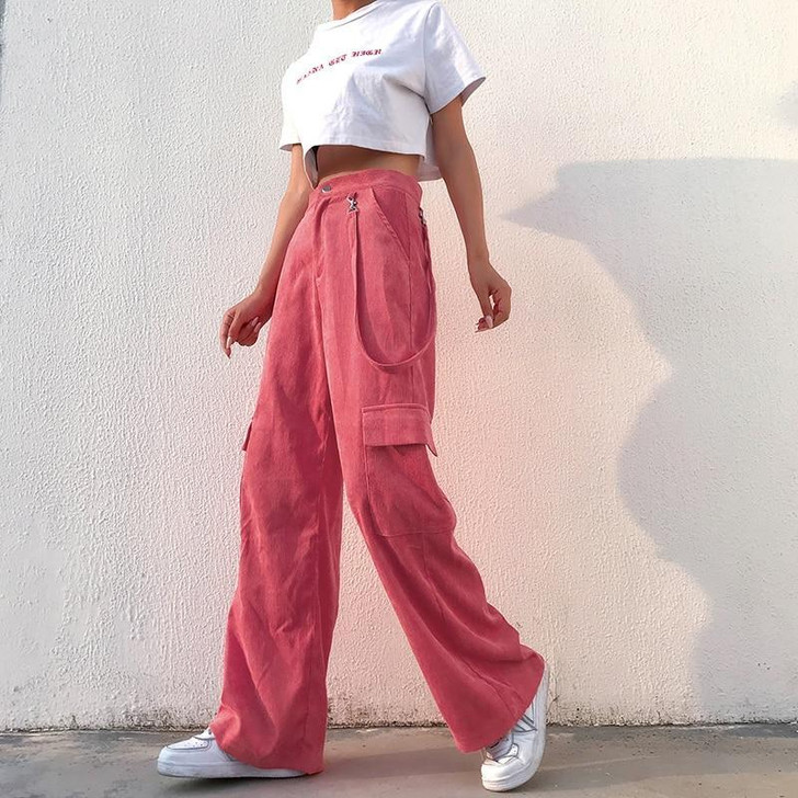 STYLISH CORDUROY PINK BAGGY HIGH WAIST PANTS-Cosmique Studio STYLISH CORDUROY PINK BAGGY HIGH WAIST PANTS-Cosmique Studio