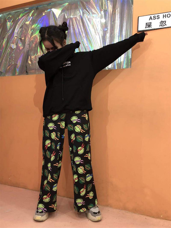 NINJA TURTLES PRINTED WIDE LEG PANTS-Cosmique Studio - Aesthetic Clothing NINJA TURTLES PRINTED WIDE LEG PANTS-Cosmique Studio - Aesthetic Clothing