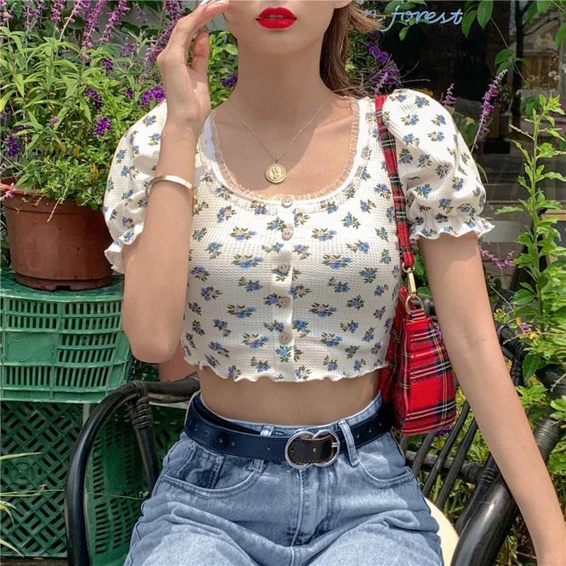 SOFT GIRL FLORAL PUFF SLEEVE WHITE CROP TOP - Cosmique Studio