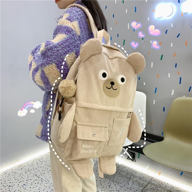 CUTE BEAR DESIGN CORDUROY BACKPACK - Cosmique Studio display picture 1