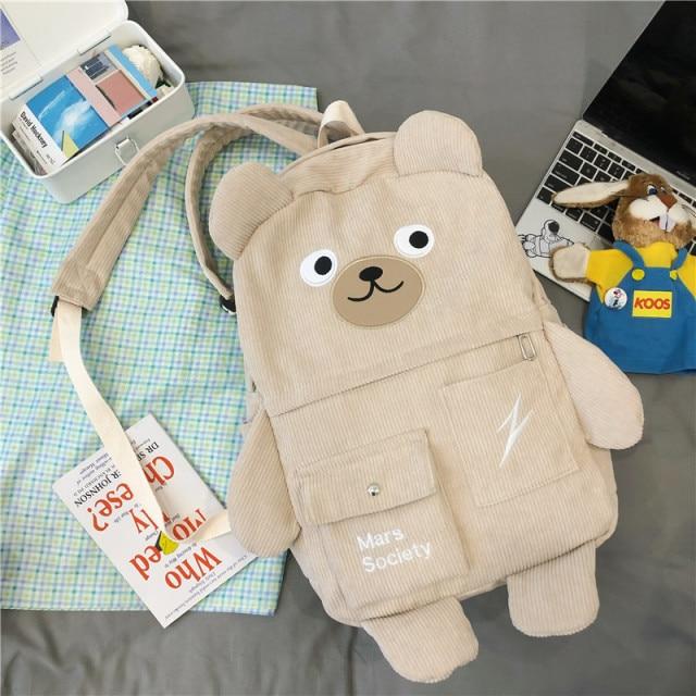 Chic Beige Backpack with Bear Design CUTE BEAR DESIGN CORDUROY BACKPACK - Cosmique Studio main image 4