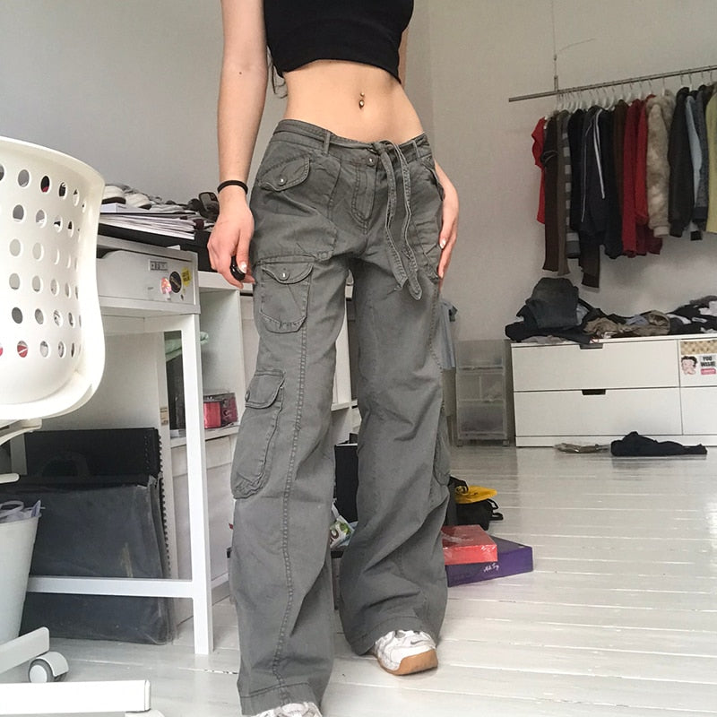EDGY MULTI POCKETS LOW WAIST GRAY PANTS - Cosmique Studio